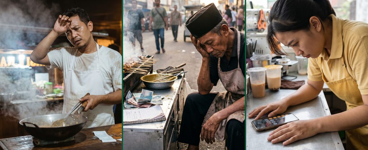 Para pemilik UMKM — warung nasi goreng, sate padang, dan minuman boba